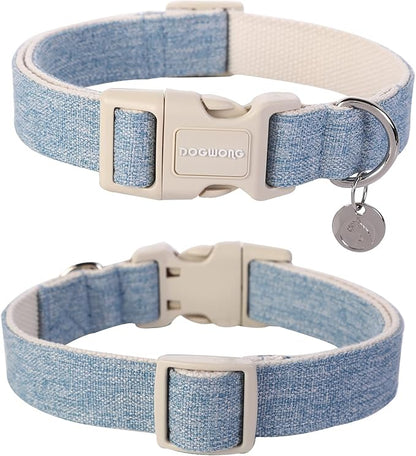 DOGWONG Cotton Hemp Dog Collar, Heavy-Duty Baby Blue Dog Collar Adjustable Soft - Image 3
