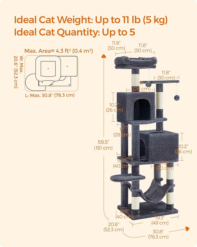 Feandrea Cat Tree, 59.5-Inch Tall Cat Tower, Plush Multi-Level Condo - Image 5
