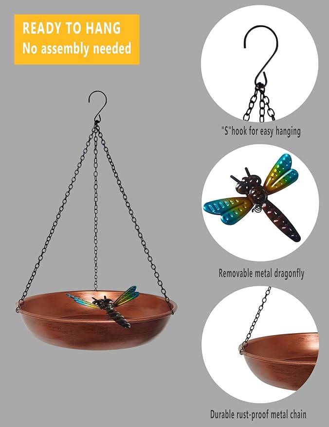 Hanging Birdbath Bird Feeder for Outdoor 11” Antique Copper Cute Small Metal - Image 5