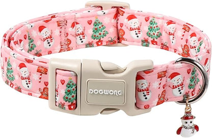 DOGWONG Christmas Dog Collar- Cute Pink Snowman Dog Collars, Adjustable by DOGWONG