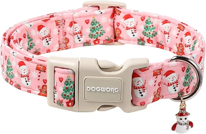 DOGWONG Christmas Dog Collar-Cute Pink Snowman Dog Collars, Adjustable by DOGWONG