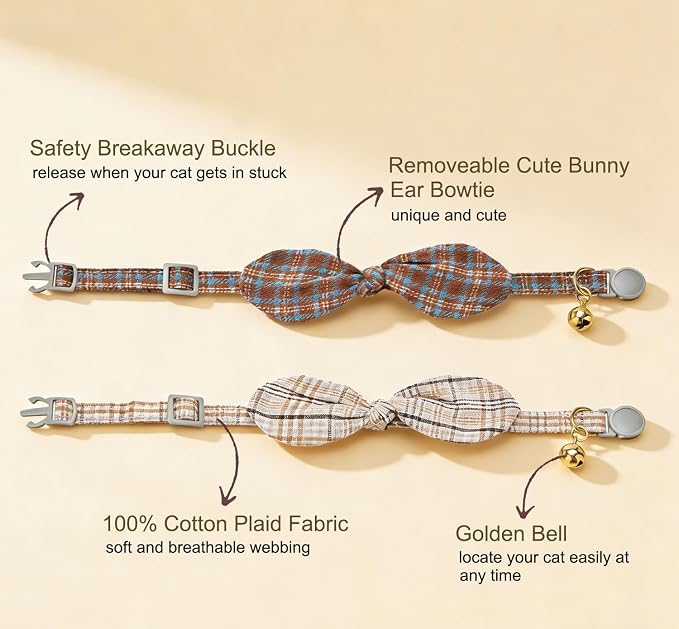 Cotton Bowtie Cat Collar with Bell 2 Pack Plaid Breakaway Kitten Collars with - Image 2