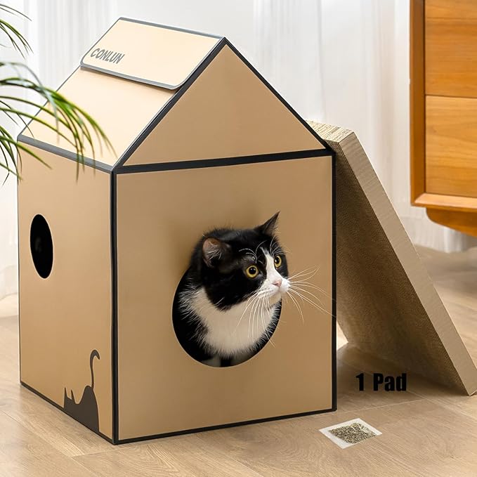 Cardboard Cat House with Scratch Pad & Catnip, Cat Play Scratching House by Conlun