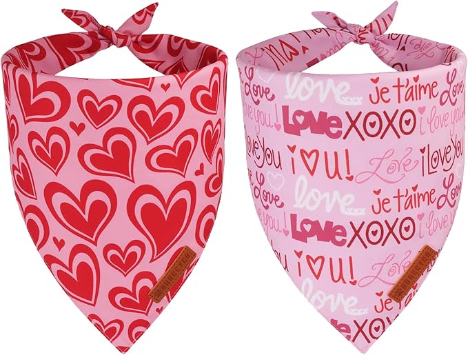 ADOGGYGO Valentine Dog Bandanas 2 Pack, Reversible Heart Love Print Puppy Scarf by ADOGGYGO