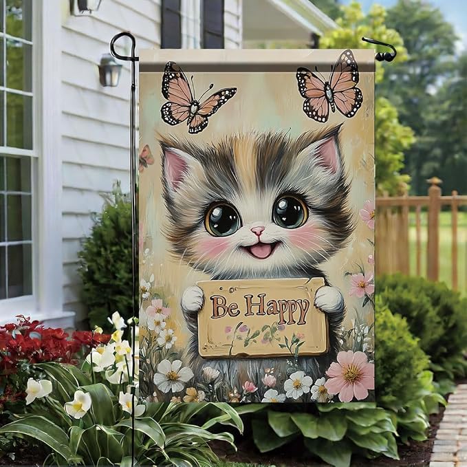 Be Happy Cat Garden Flag 12x18 Inch Double Sided Outdoor Yard Banner Cute Kitten - Image 4
