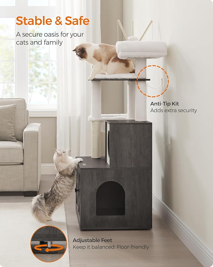 Feandrea Cat Tree with Litter Box Enclosure, 59-Inch Modern Cat Tower, 2-in-1 - Image 7