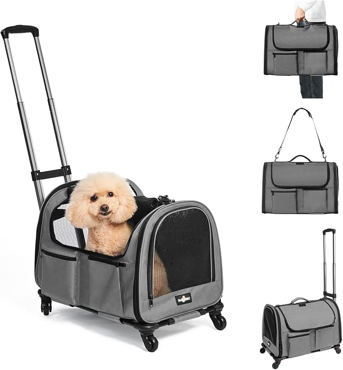 Large Pet Carrier with Wheels, Foldable Rolling Dog Carrier with Big Pocket by PAWBALLET