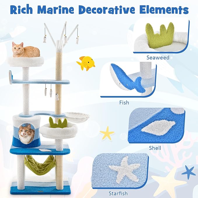 Tangkula Ocean-Themed Cat Tree, Jump Platforms, Hanging Interactive Toys - Image 7