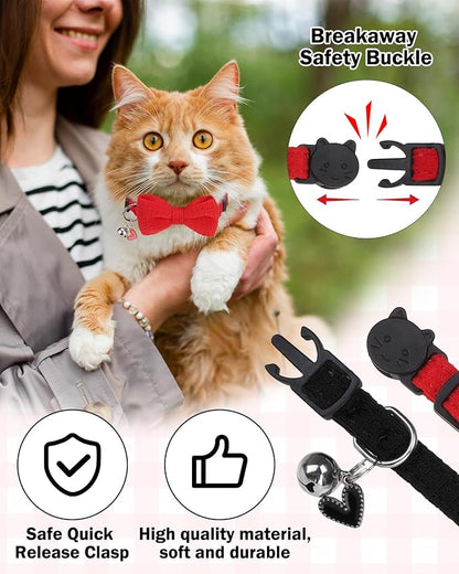 Cat Collar Breakaway with Bells, Soft Cotton Red Cat Bowtie Collar - Image 3