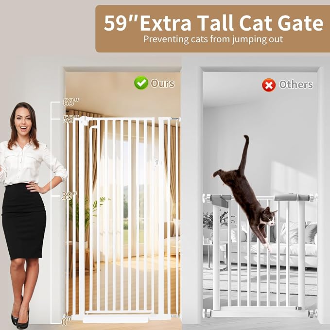 59“ Extra Tall Cat Gate for Doorway：29.4-33.4” Wide Pet Gate, Auto Close/One - Image 6
