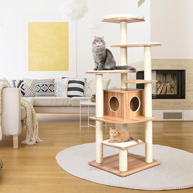 PETSITE 69 Inches Tall Cat Tree, Modern Wooden Cat Tower - Image 7