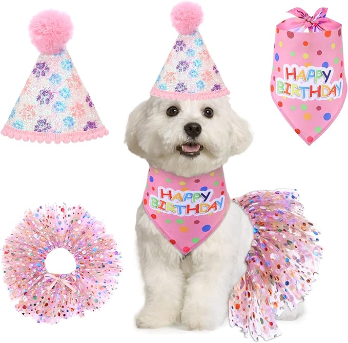 Dog Birthday Bandana with Hat and Dress Girl Set Puppy Birthday Party Supplies by Unknown