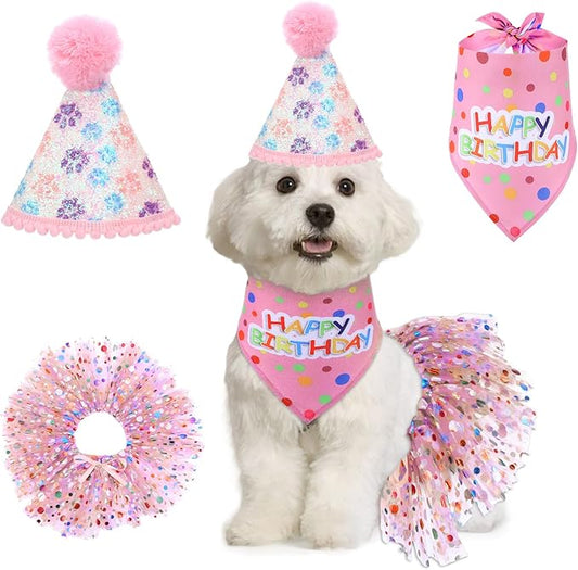 Dog Birthday Bandana with Hat and Dress Girl Set Puppy Birthday Party Supplies by Unknown