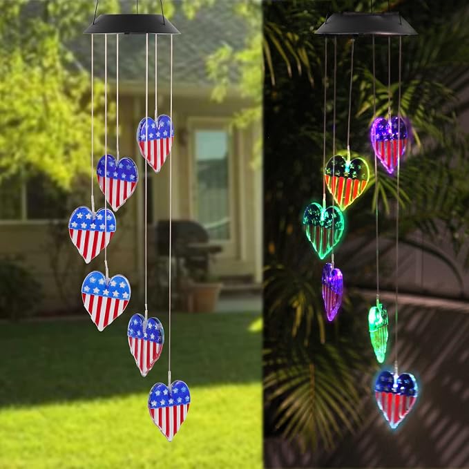American Flag Solar Wind Chimes, Heart-Shaped Love Patriotic Wind Chime Color - Image 3