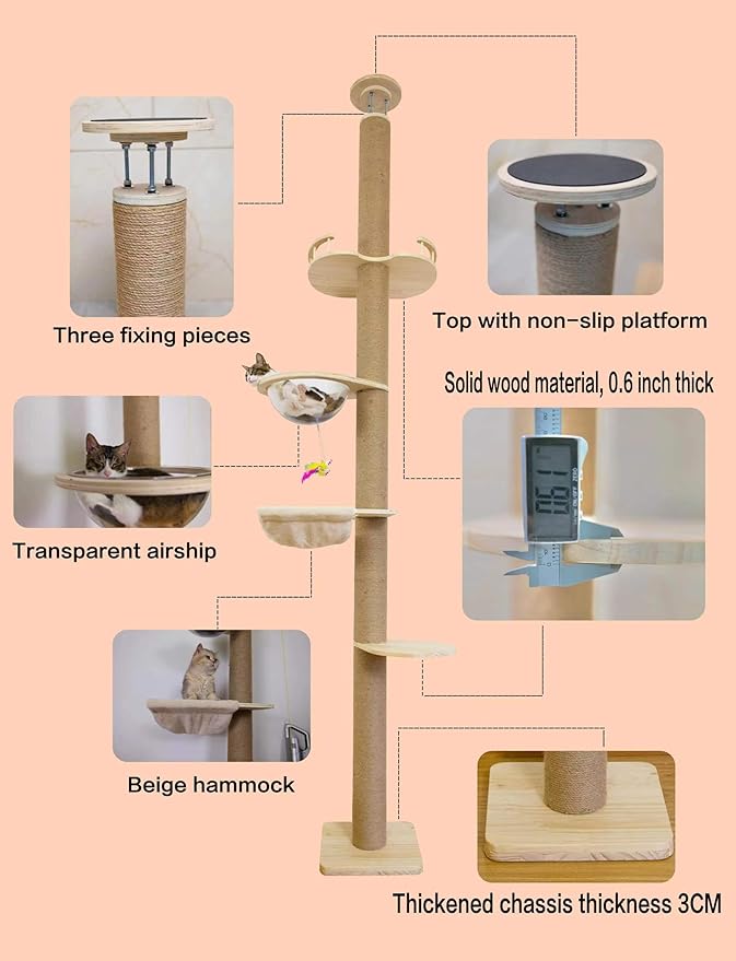 Floor-to-Ceiling Cat Tree with Natural Sisal Rope Scratching Post - Image 6