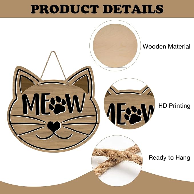 Cute Cat Meow Front Door Sign, Pet Farmhouse Wood Door Hanger Outdoor Outside - Image 3