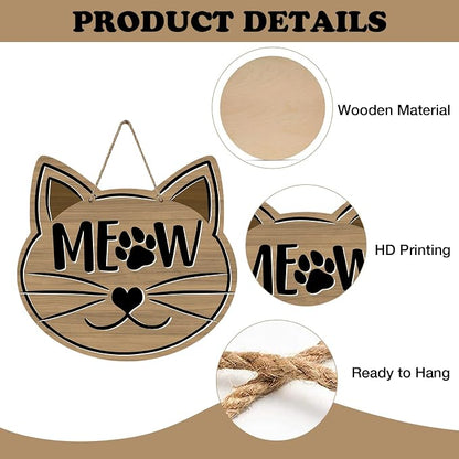 Cute Cat Meow Front Door Sign, Pet Farmhouse Wood Door Hanger Outdoor Outside - Image 3