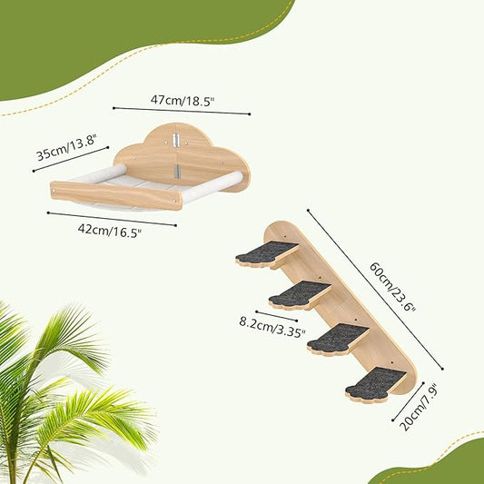 Wall Mounted Cat Hammock with 3 Climbing Steps, Pine Wood Cat Climbing Shelves - Image 2