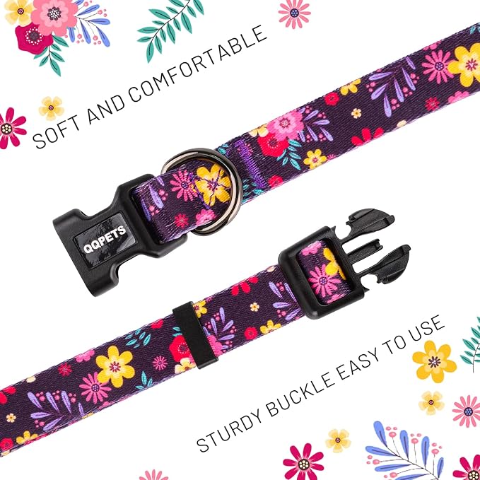 QQPETS Adjustable Soft Dog Collar: Print Flower Pink Multicolor Cute Patterns - Image 3