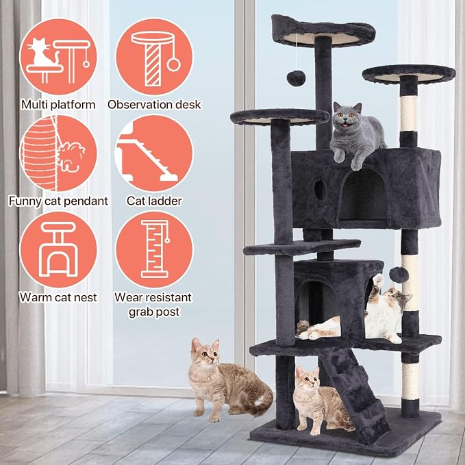 Large Cat Tree with Scratching Post, Wooden Frame, Sisal Ropes, 3 Platforms - Image 6
