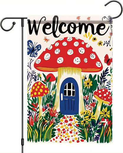 Mushroom House Garden Flag 12x18 Inch Welcome Yard Banner Whimsical Fairy Tale by StarlitPatio