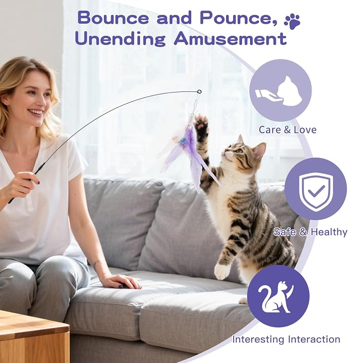 Pawaboo Feather Teaser Cat Toy, Interactive Feather Wand Cats Toy Flying - Image 5