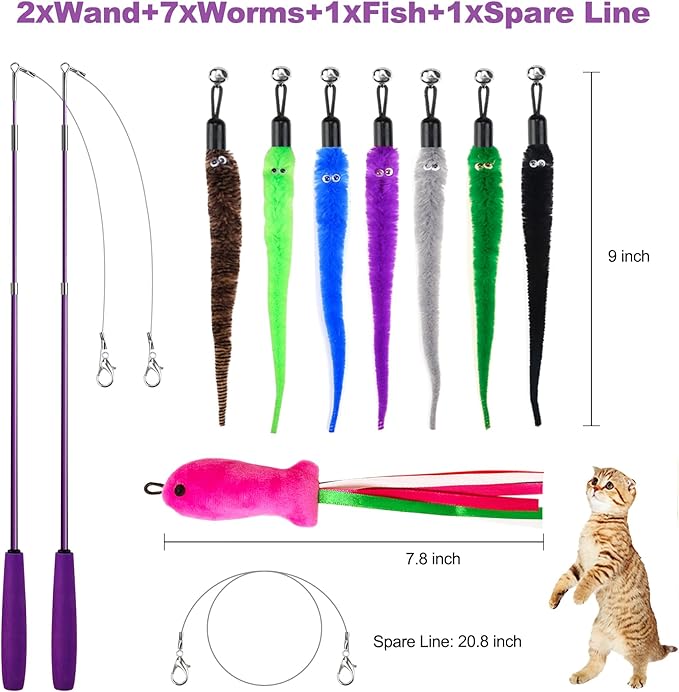 Cat Toys for Indoor Cats, 2 Retractable Cat Wand & 7PCS Worm Teaser Refills - Image 2