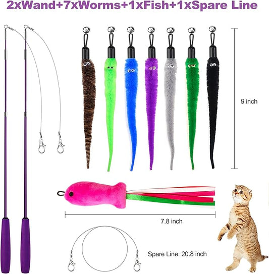 Cat Toys for Indoor Cats, 2 Retractable Cat Wand & 7PCS Worm Teaser Refills - Image 2