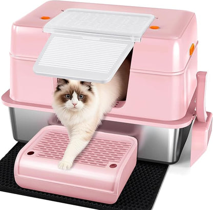 Vivifying Pink Stainless Steel Covered Cat Litter Box – Odor-Control, by Vivifying