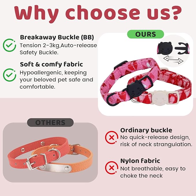 Valentine Cat Collar-2 Pack Collars Red and Pink Love-Heart Print Breakaway - Image 3