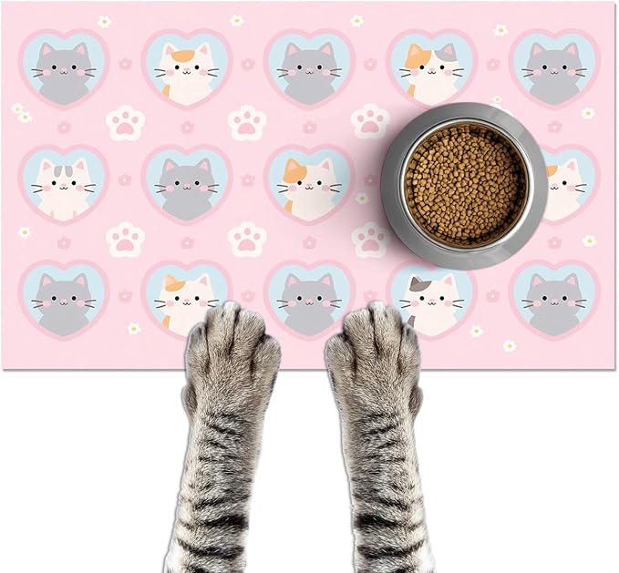 Cat Feeding Mat 24x16 inch Pink Heart Kitten Print Pet Bowl Placemat Non Slip by HOMETITUTE