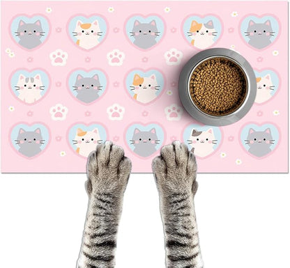 Cat Feeding Mat 24x16 inch Pink Heart Kitten Print Pet Bowl Placemat Non Slip by HOMETITUTE