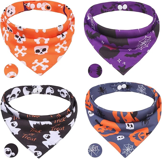 PAWCHIE Dog Halloween Bandanas 4 Pack, Reversible Pumpkin Dogs Scarf Bibs by PAWCHIE