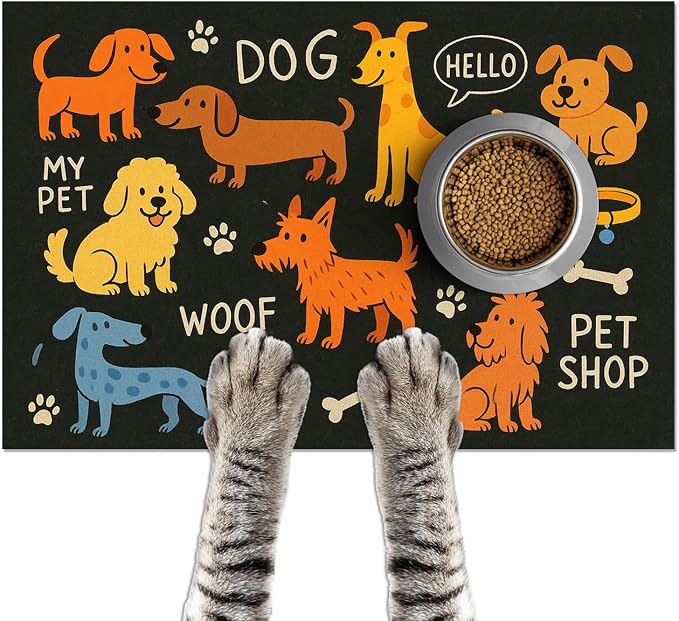 Cute Happy Dog Food Mat for Cat Food Mat Food and Water Bowl Pet Feeding Bowl by HOMETITUTE