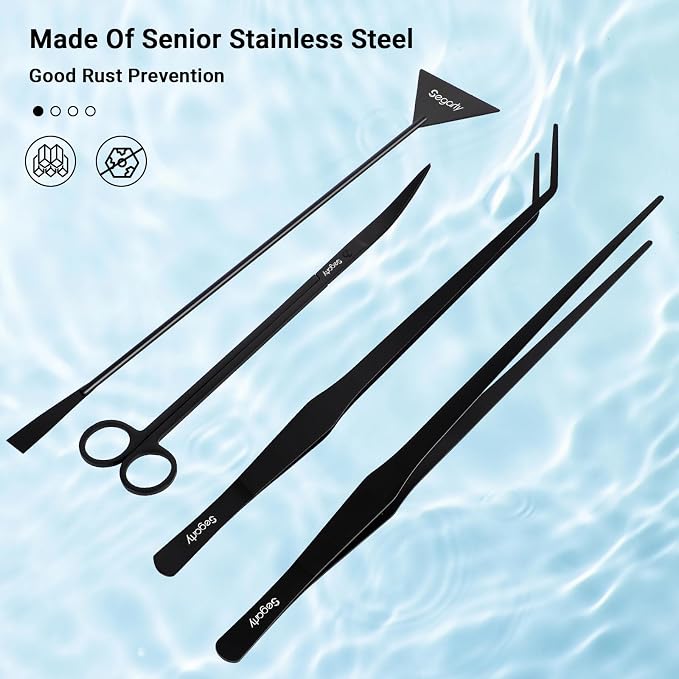 Segarty Longer Aquarium Aquascaping Tools, 4 in 1 Stainless Steel Black - Image 3