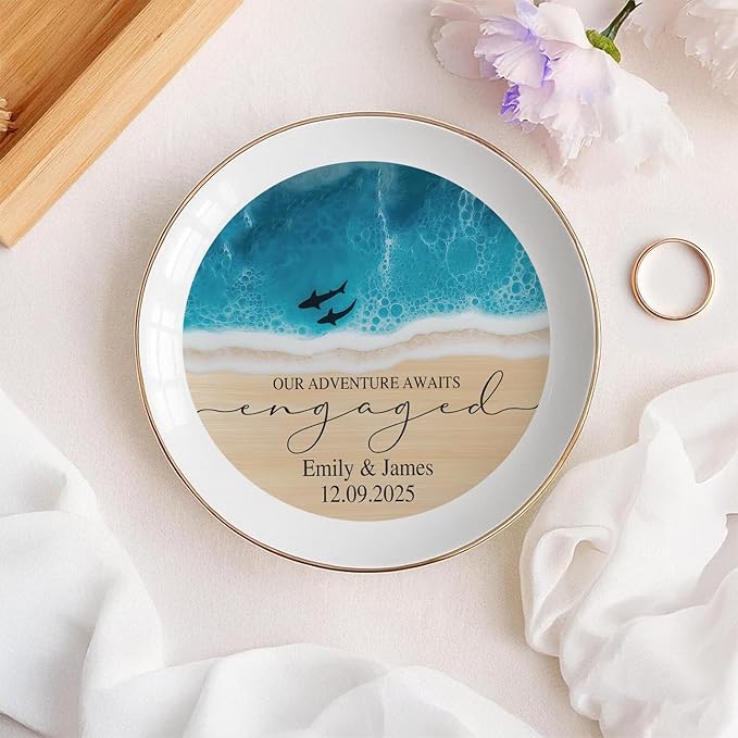 Personalized Beach Ring Dish Engagement Gift, Our Adventure Awaits Engaged - Image 3