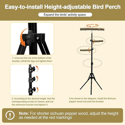 3-Layer 16-63 Inch Height Adjustable Bird Perch Pepper Wood Birds Training - Image 3