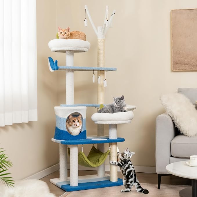 Tangkula Ocean-Themed Cat Tree, Jump Platforms, Hanging Interactive Toys - Image 2
