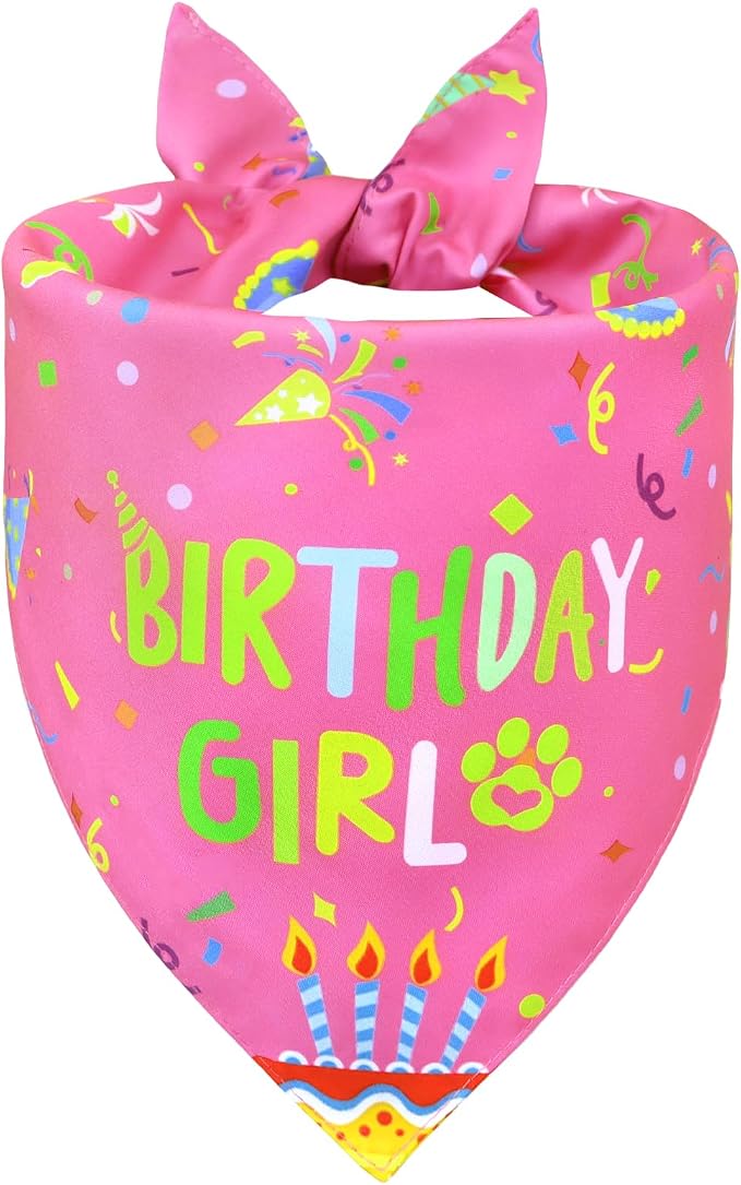 Dog Birthday Bandana Girl for Medium Large Dogs, Reversible 2 Patterns in 1 by WoffBow