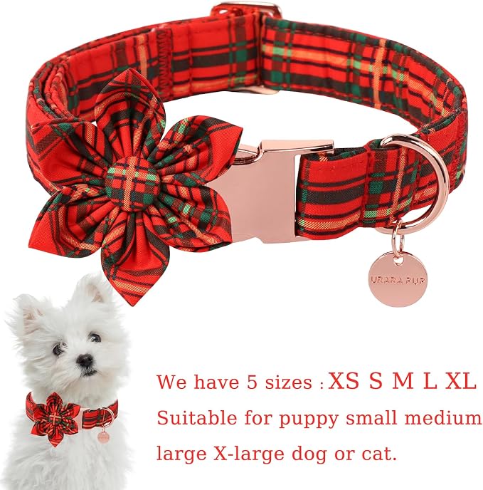 Christmas Dog Collar with Flower, Cotton Christmas Plaid Collar - Image 2