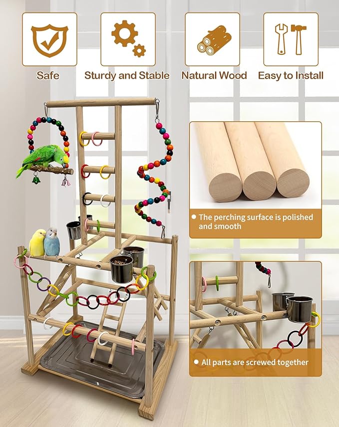 Bird Play Stand, Large Parakeet Playground, Natural Wood Parrot Perch Stand - Image 6