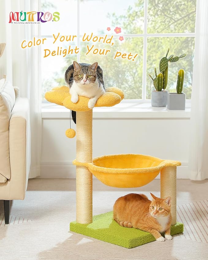 28" Flower Cat Tree Cute with Flower Top Perch, Large Hammock - Image 2
