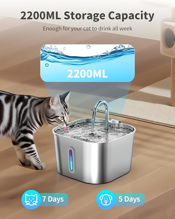 Cat Water Fountain Stainless Steel, 74oz/2.2L Automatic Cat Drinking Fountain - Image 5