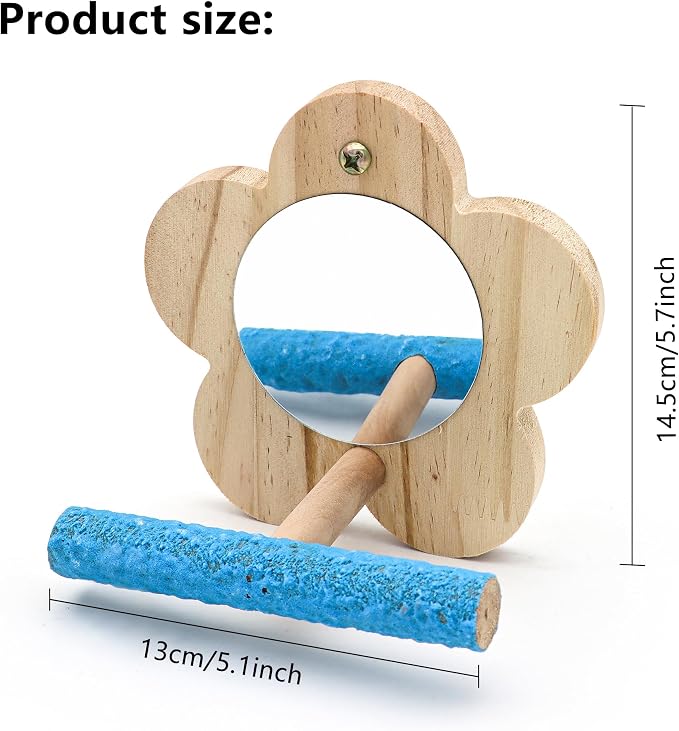 Small Bird Mirror Parrot Swing, Wooden Parakeet Perches Flower Interactive Play - Image 3