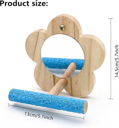 Small Bird Mirror Parrot Swing, Wooden Parakeet Perches Flower Interactive Play - Image 3