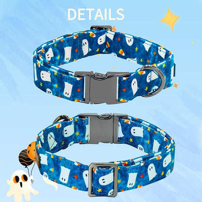 Halloween Dog Collar, Ghost Print Adjustable Pet Collar Blue Cute Cotton Soft - Image 4