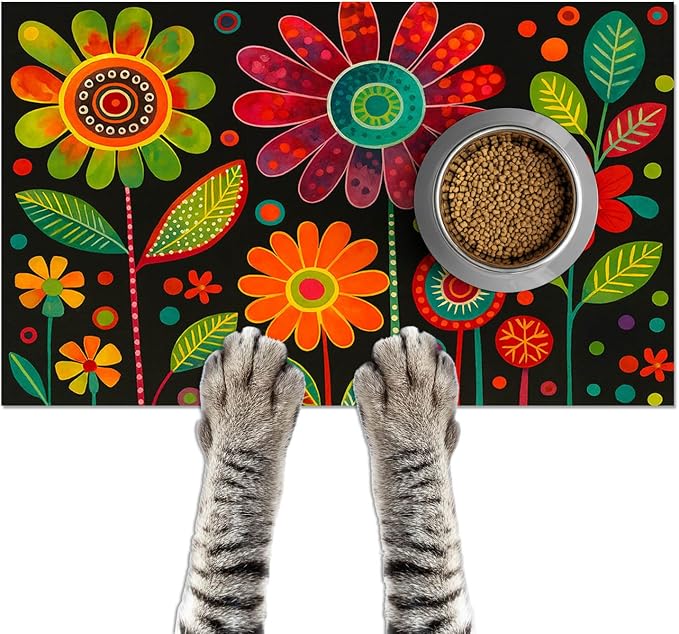 Vibrant Flower Pattern Pet Food Mat Spill-Proof Cat Feeding Mats Non-Slip Mat by HOMETITUTE
