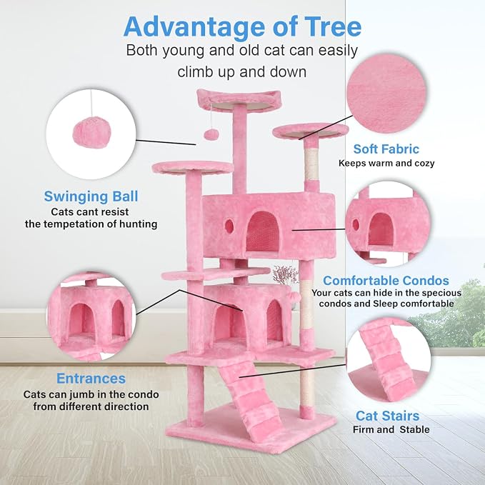 FDW | 54" Cat Tree Tower | Pink | Multi-Level Indoor Activity Center - Image 3