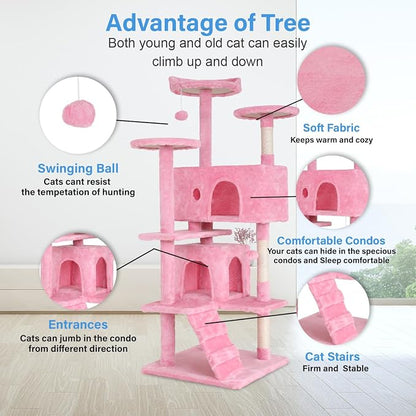 FDW | 54" Cat Tree Tower | Pink | Multi-Level Indoor Activity Center - Image 3