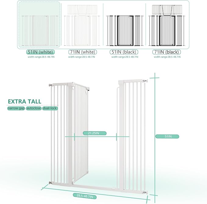 51" Extra Tall Cat Gate 28.5"-48.7" Wide, Auto Close, Pressure Mounted - Image 3